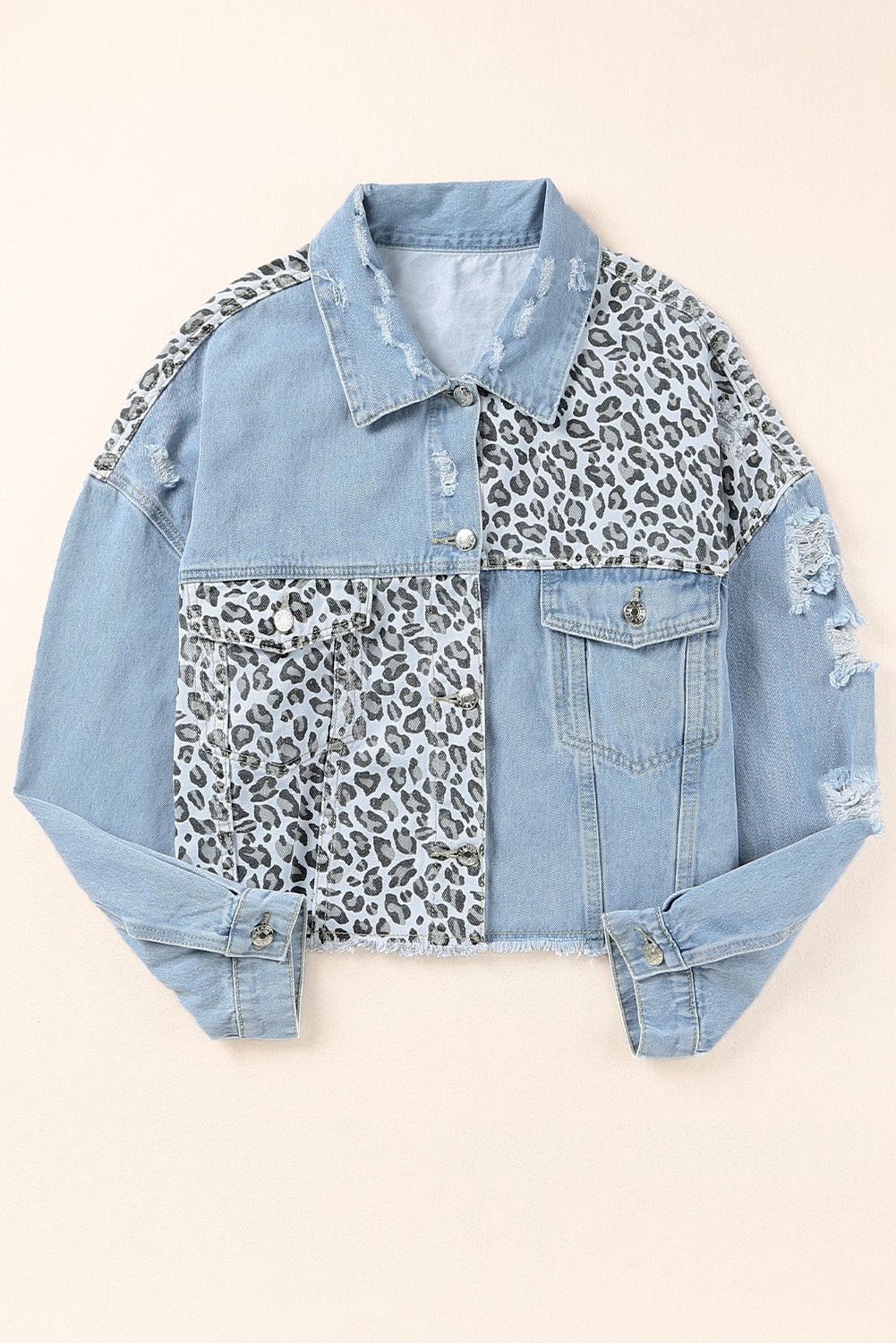 Blue Plus Size Leopard Ripped Cropped Denim Jacket