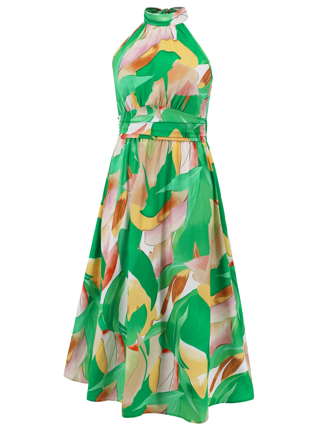 Ruched Printed Halter Neck Boho Sleeveless Dress