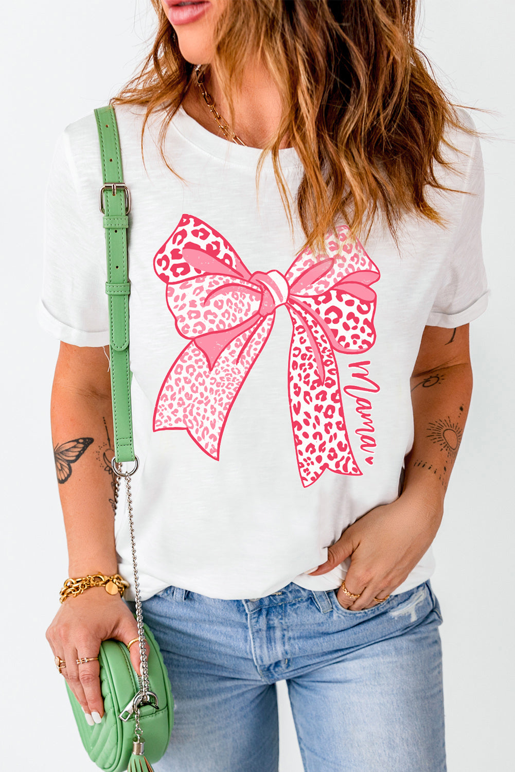 White Leopard Bowknot Graphic Crew Neck Tee