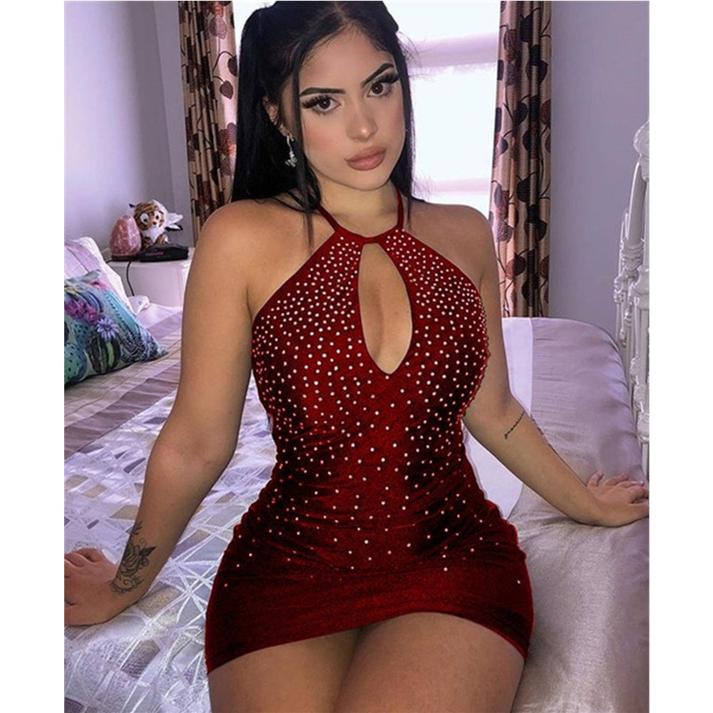 Slim-fitting Sexy Rhinestone Halter Neck Keyhole Backless Sexy Mini Dress