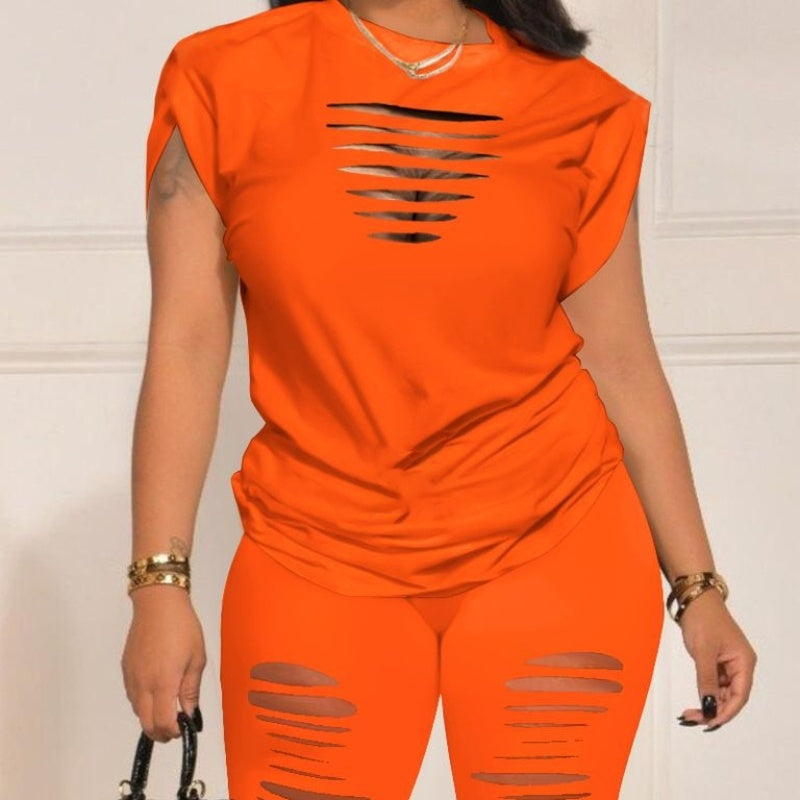 Orange Distressed Hollow Cut Out Cap Sleeve Tee Shirt And Shorts Outfit Set