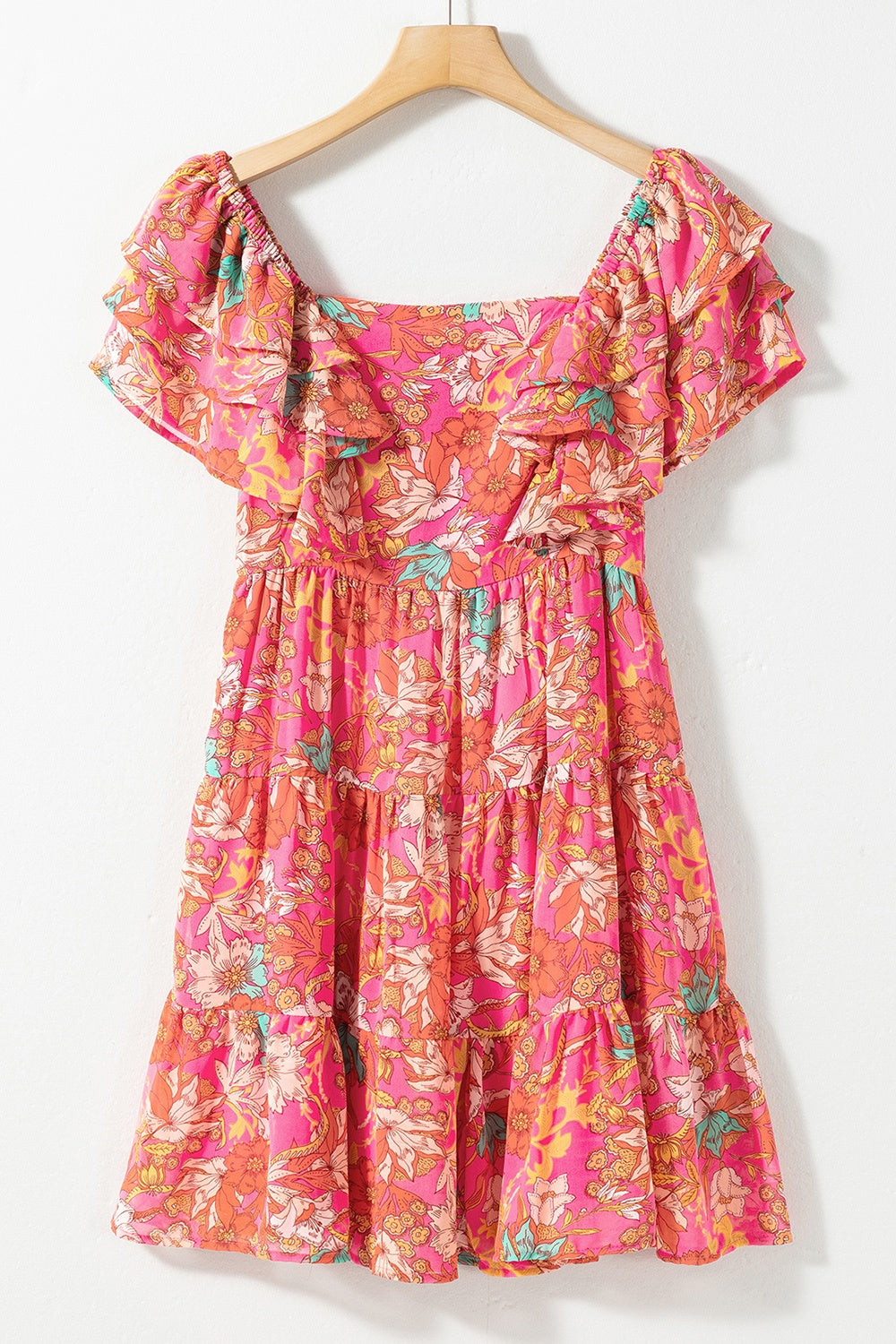 Ruffled Peachy Printed Square Neck Boho Dress