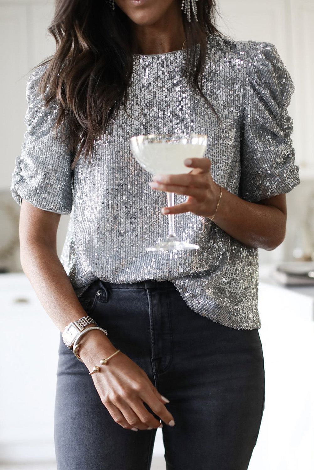 Silvery Ruched Puff Sleeve Sequins Top