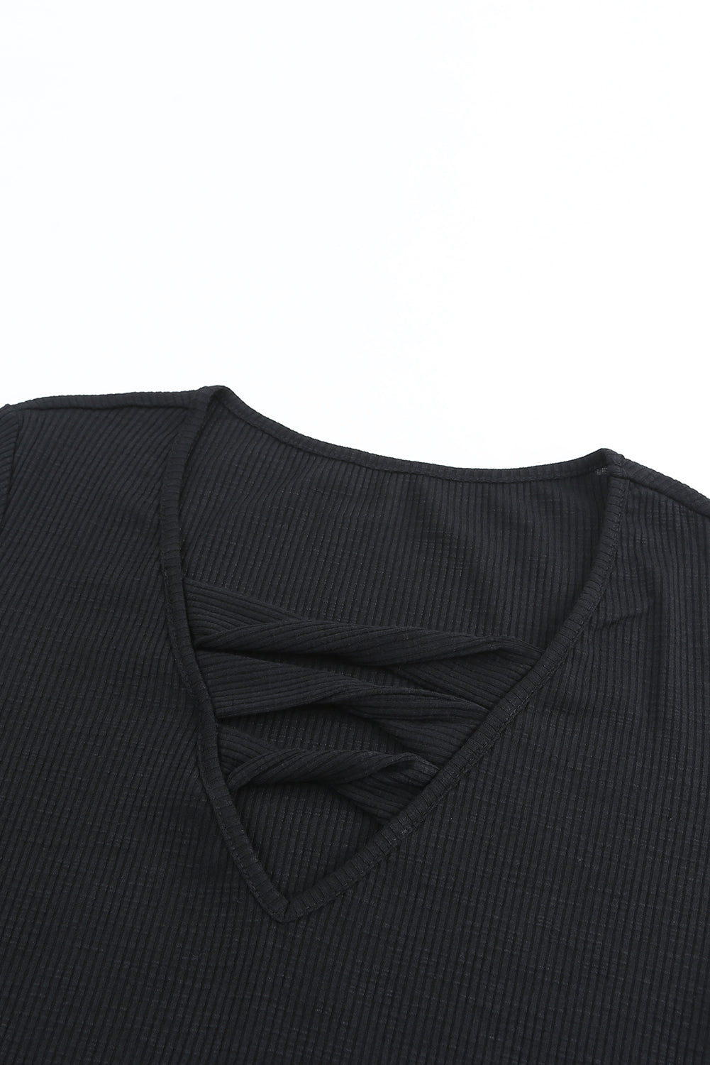 Black Cut Out Twist Casual Rib-Knit T Shirt for Women