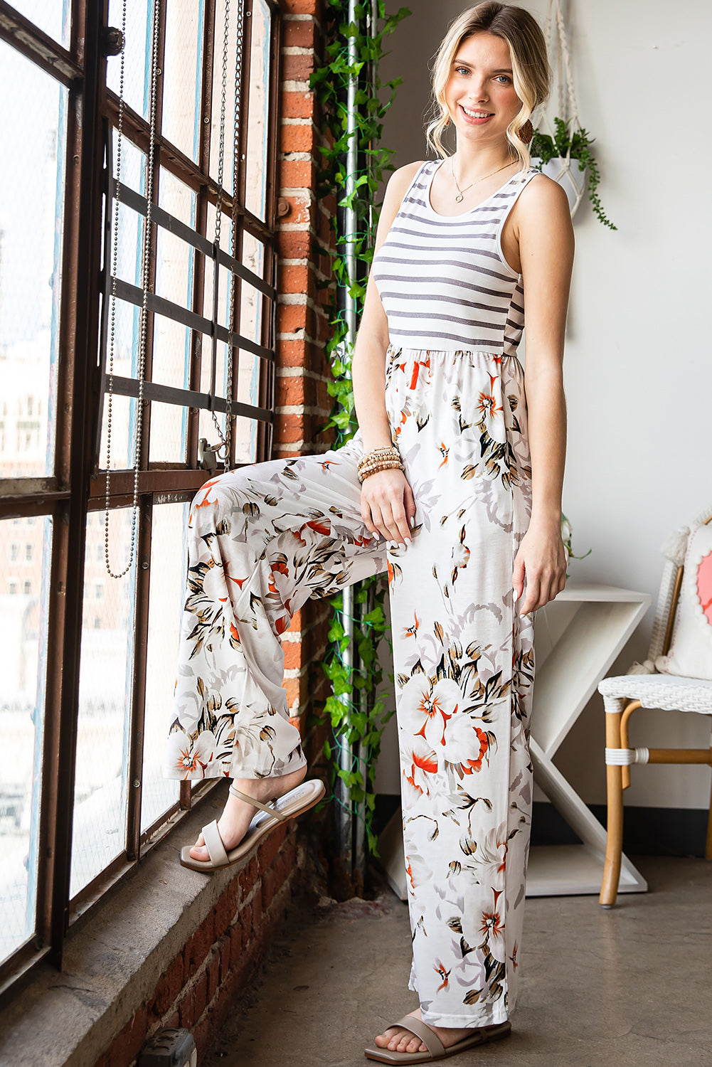 White Striped Floral Pocket Sleeveless Jumpsuit With Pockets