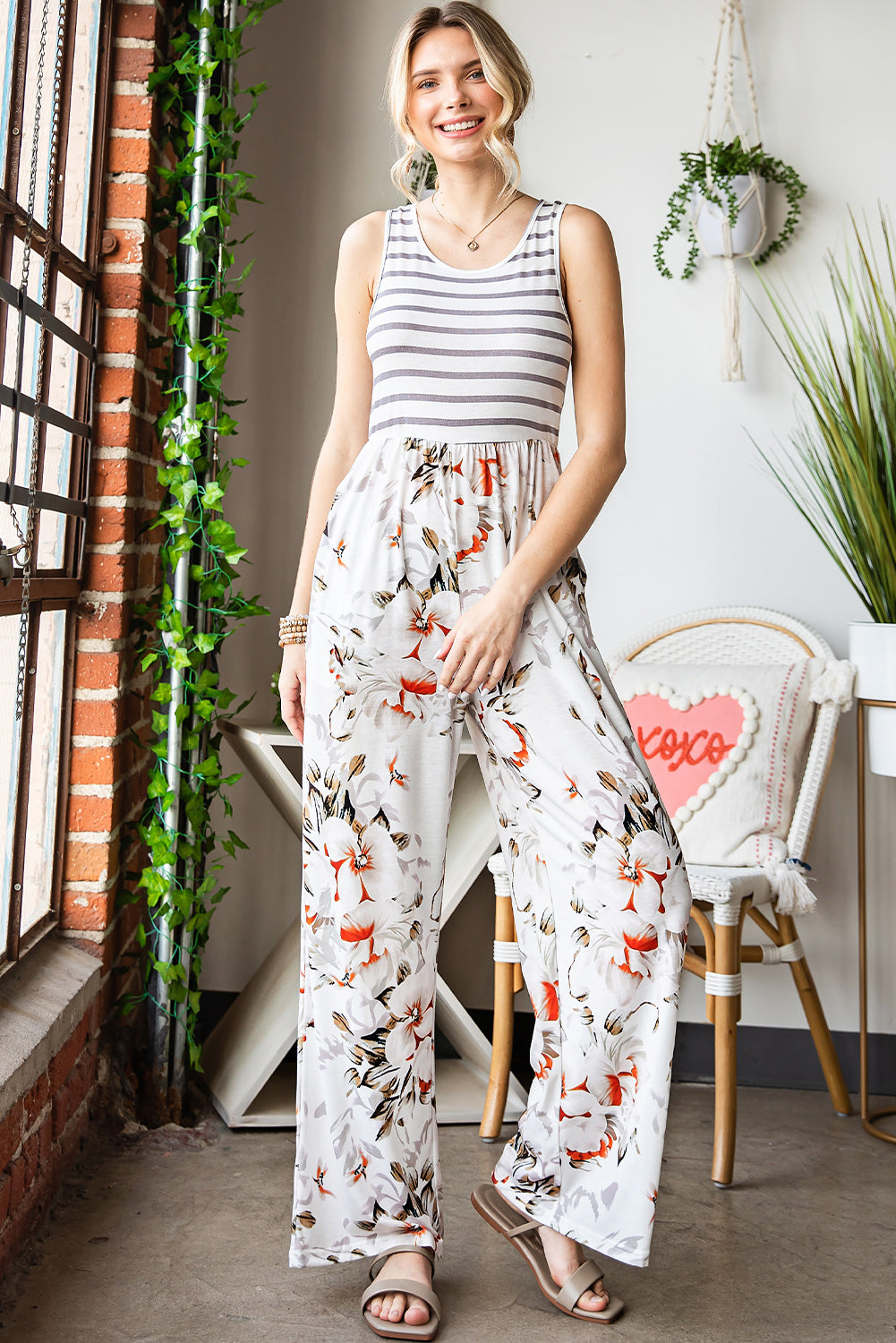 White Striped Floral Pocket Sleeveless Jumpsuit With Pockets