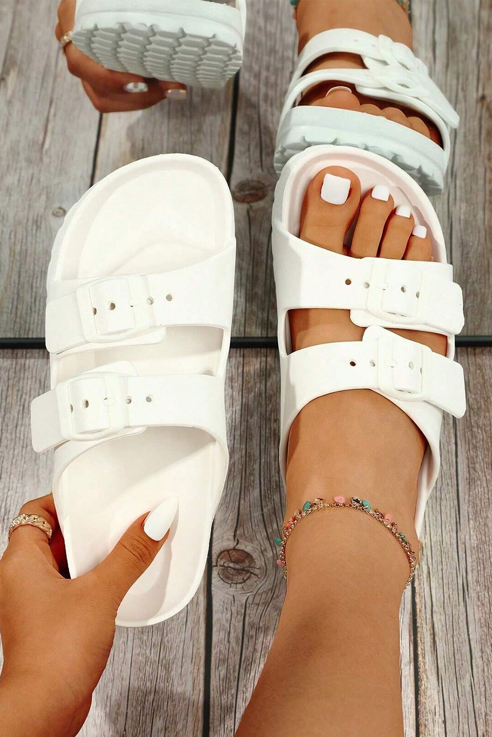 White Solid Color Buckle Straps Beach Sandals