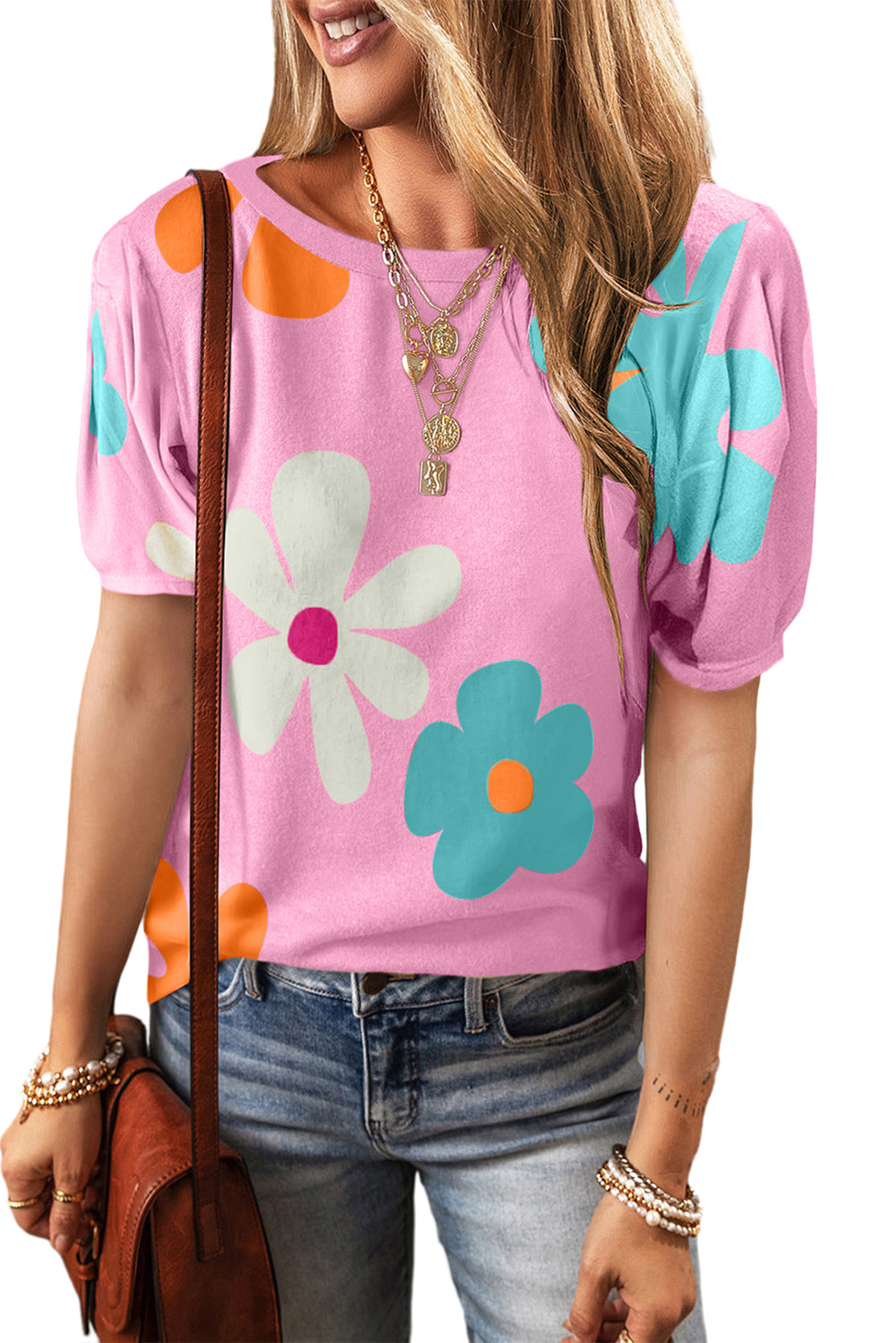 Colorful Flower Print Bubble Sleeve Tee