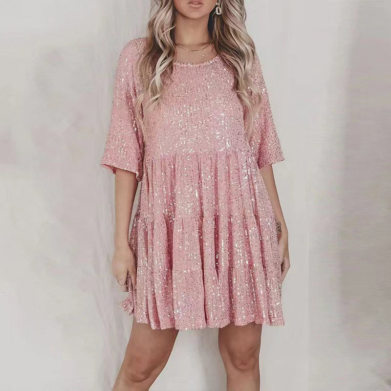 Fashionable Sequins Round Neck Loose Waist Short Sleeves And Skirt Dress