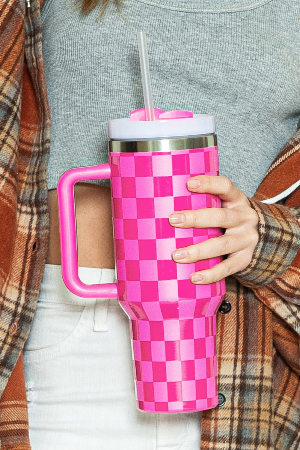 Black Pink Checkered Print Handled Stainless Steel Tumbler Cup