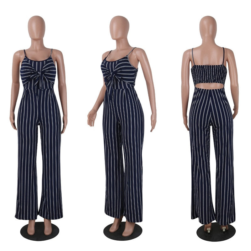 Pinstriped Bow Front Spaghetti Strap Simple Style Jumpsuit