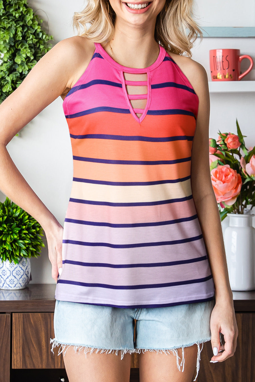 Multicolor Ombre Tie Dye & Striped Print Keyhole Neck Camisole