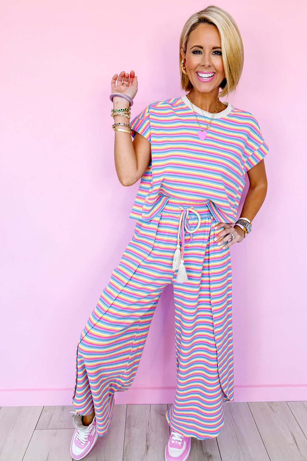 Black Stripe Rainbow Tee and Tassel Drawstring Wide Leg Pants Set