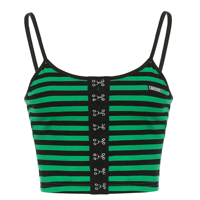 Spice Girl Vibes Retro Striped Spaghetti Strap Crop Tank Top Metal Hook And Zipper Adornments