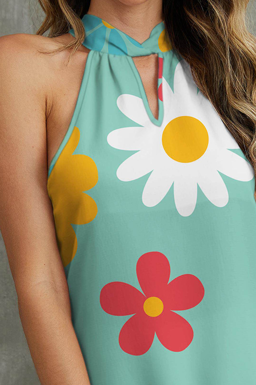 Flower Print Grecian Tie Neck Flowy Tank Top