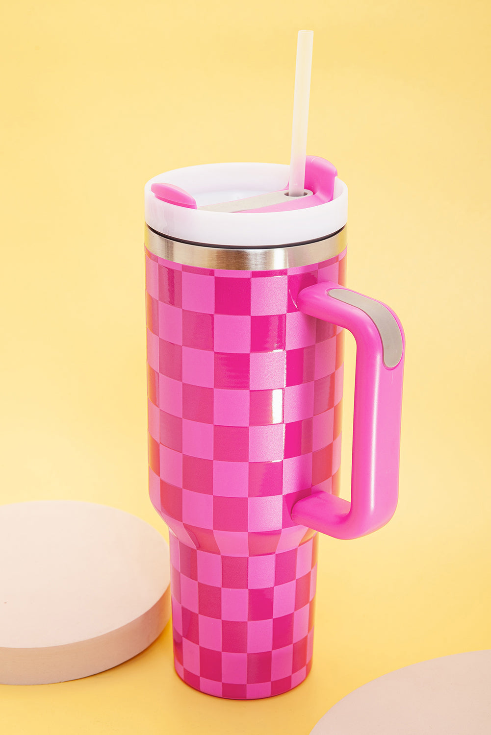 Black Pink Checkered Print Handled Stainless Steel Tumbler Cup