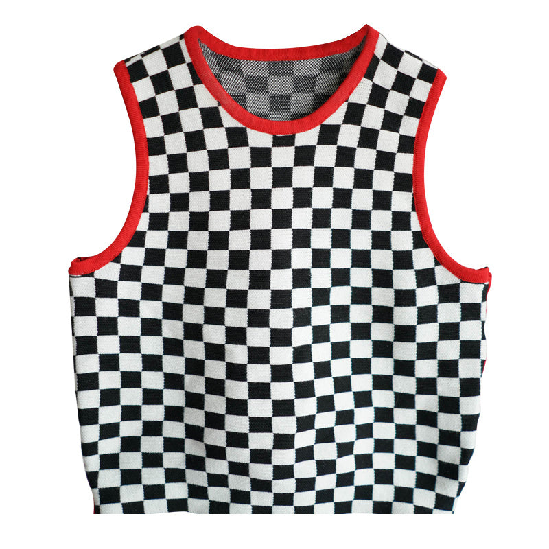 Black And White Checkered Red Trimmed Summer Crop Top Sleeveless Shirt