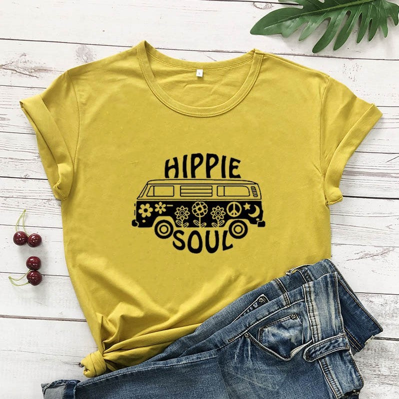 Hippie Soul Casual Round Neck Short Sleeved Graphic Print Tee Shirt