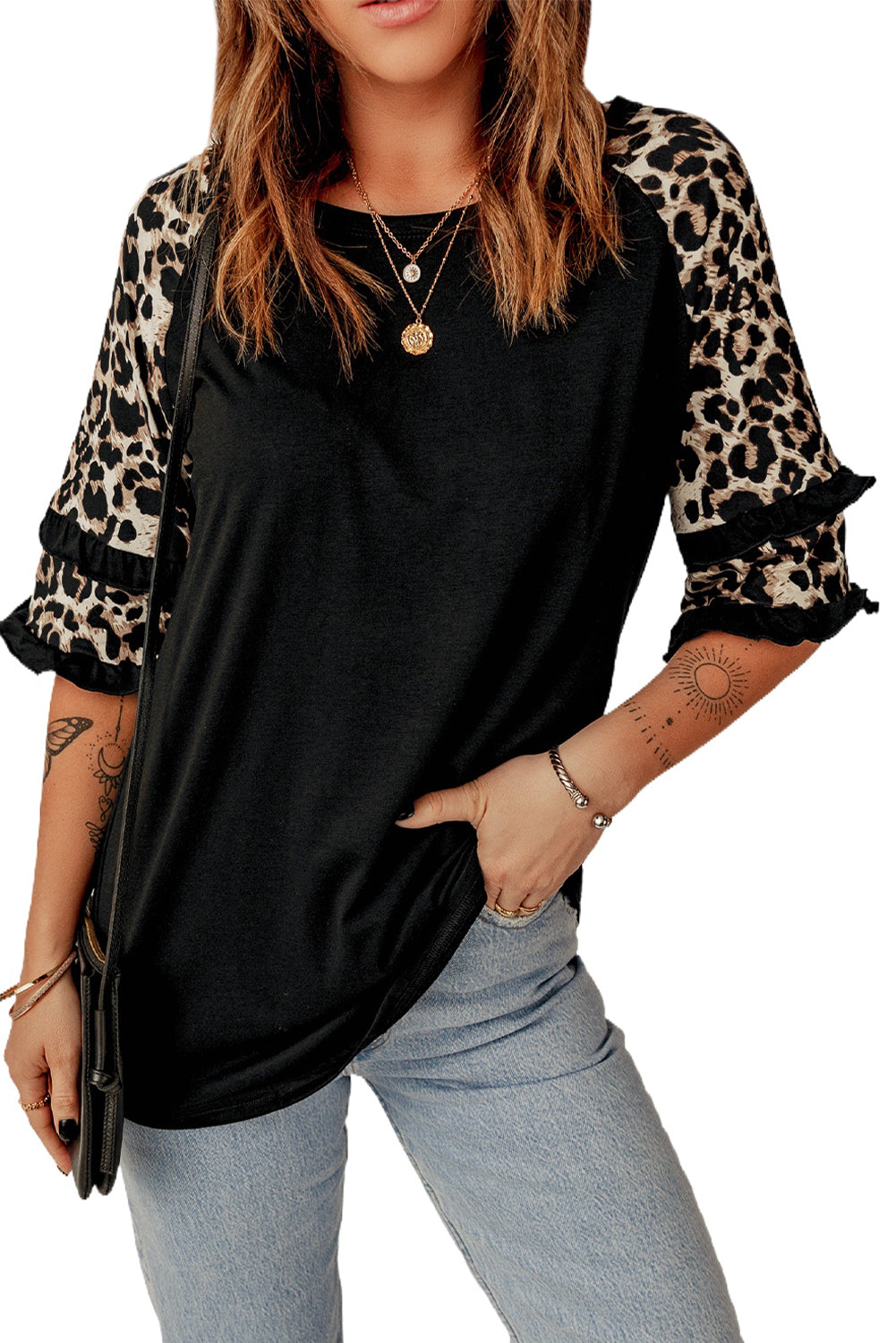 Black Casual Ruffled Leopard Sleeve Patchwork T-Shirt