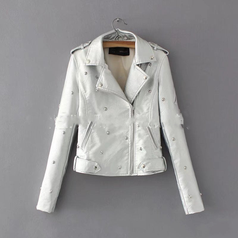 Women's leather jacket with rivet locomotive