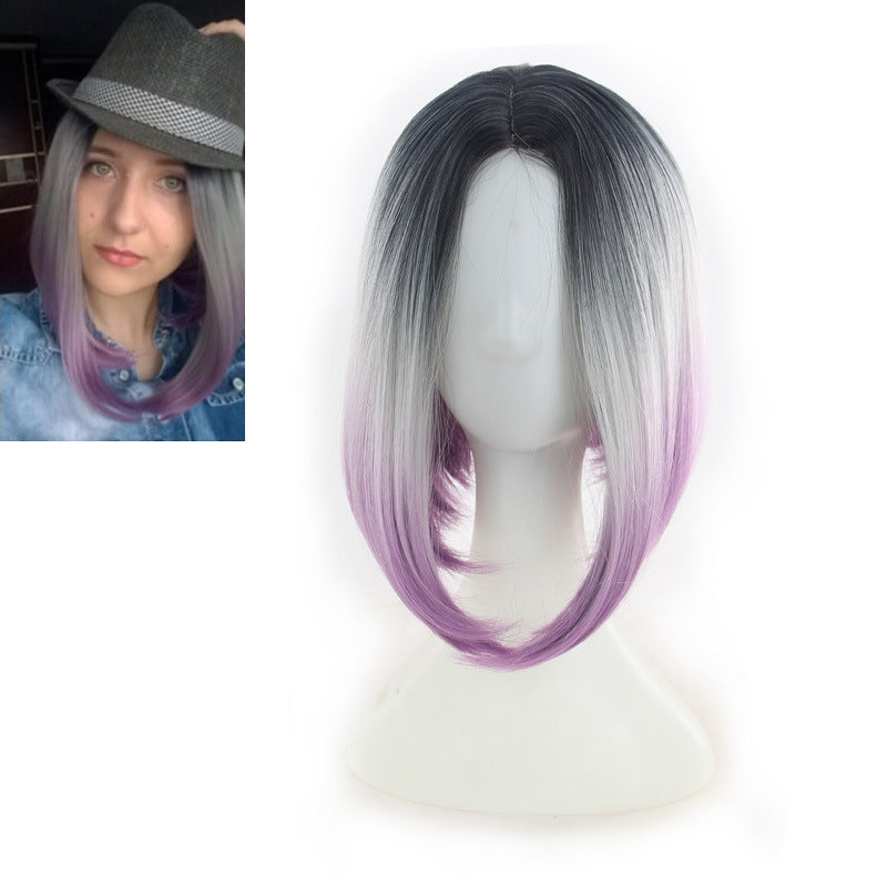 Three-color gradient mid-centre bob haircut cosplay wig