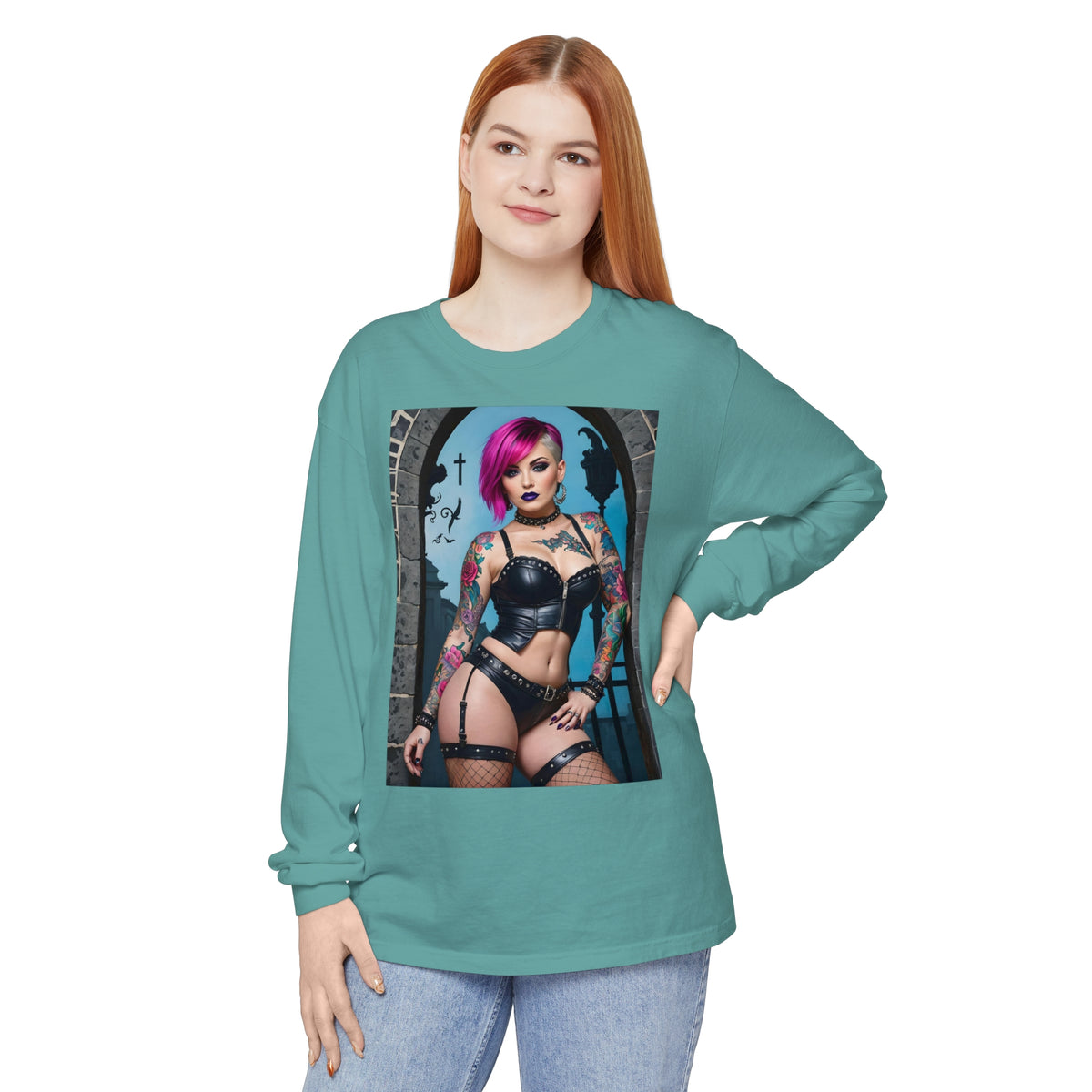 Goth Graveyard Girl Series - Design Six - Unisex Garment-dyed Long Sleeve T-Shirt