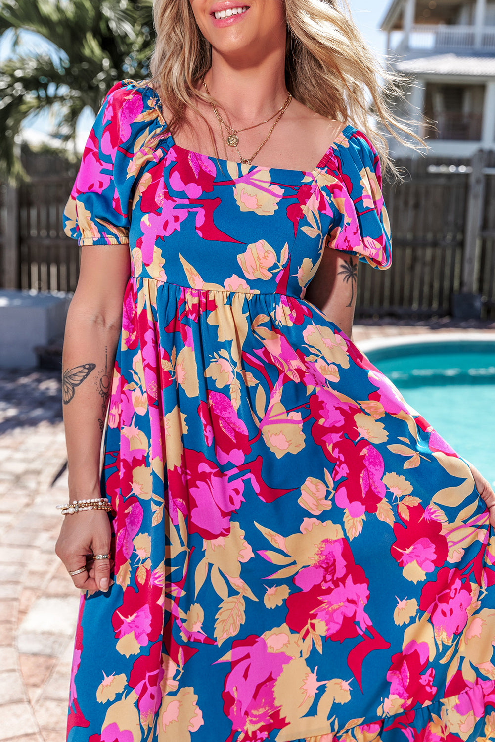 Boho Square Neck Bubble Sleeve Ruffled Floral Dress