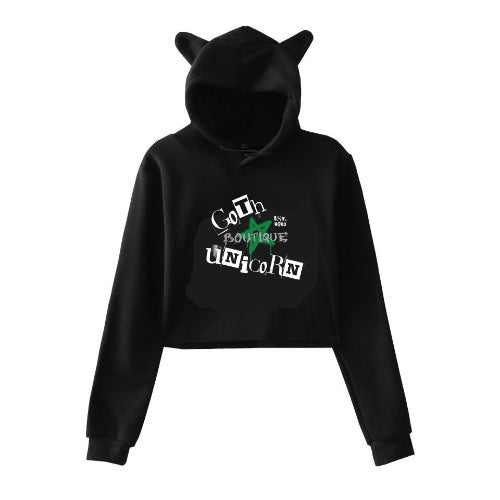 Goth Unicorn Green Logo Cat Ear Cropped Pullover Hoodie