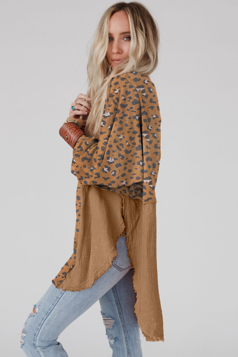 Gray Raw Edge Leopard Patchwork Oversized Blouse