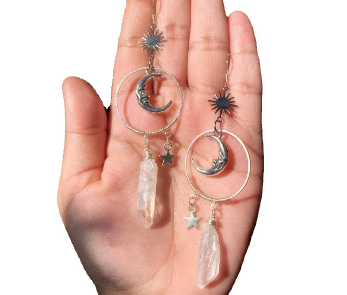 Crescent Moon And Star Celestial Crystal Drop Earrings