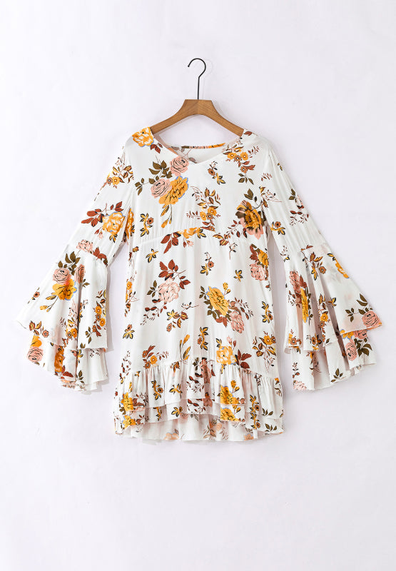 Printed V-Neck Flare Sleeve Mini Dress