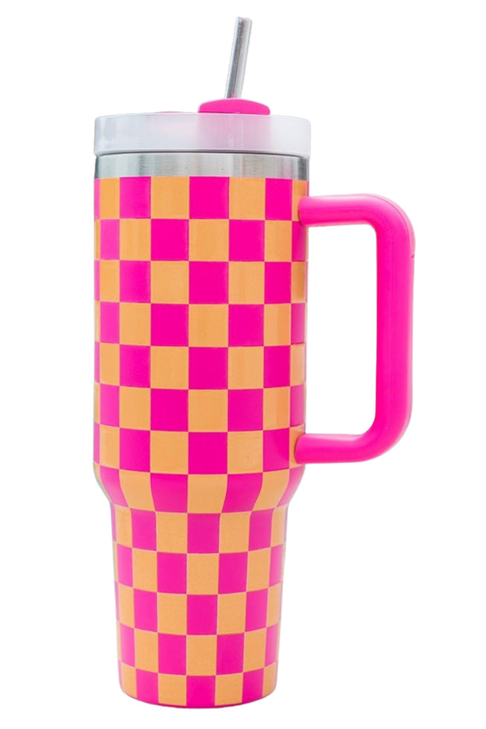 Black Pink Checkered Print Handled Stainless Steel Tumbler Cup