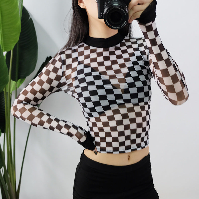 Punk Rock Checkerboard Mesh Sheer Long Sleeved Shirt