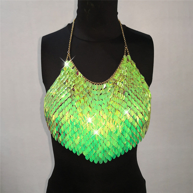 Sexy Iridescent Sequin Festival Fashion Halter Sling Backless Bandana Top