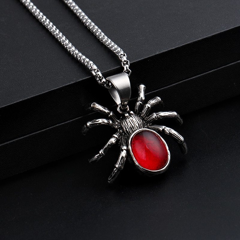 Vintage Retro Black Widow Spider Pendant Gothic Red Large Crystal  Necklace