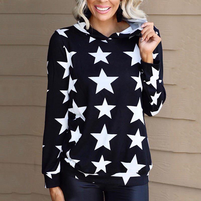 Hooded Long Sleeve Loose Sweatshirt with Star Pattern