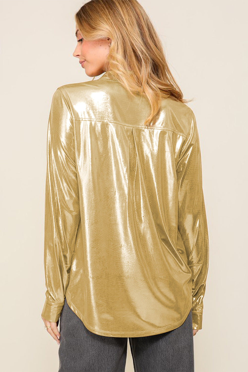 Gold Shiny Metallic Button Up Shirt