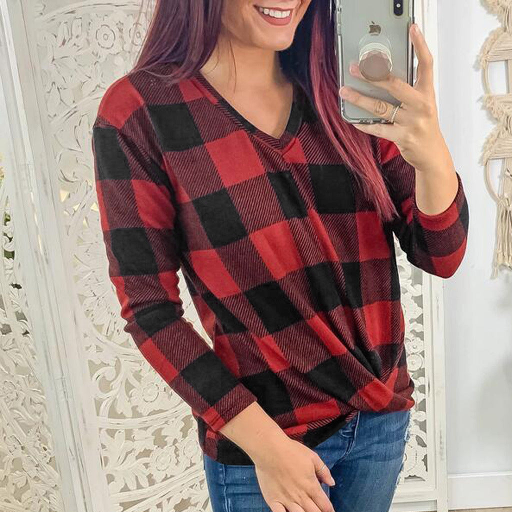 Knotted Bottom Long Sleeved Buffalo Plaid Checkered Blouses