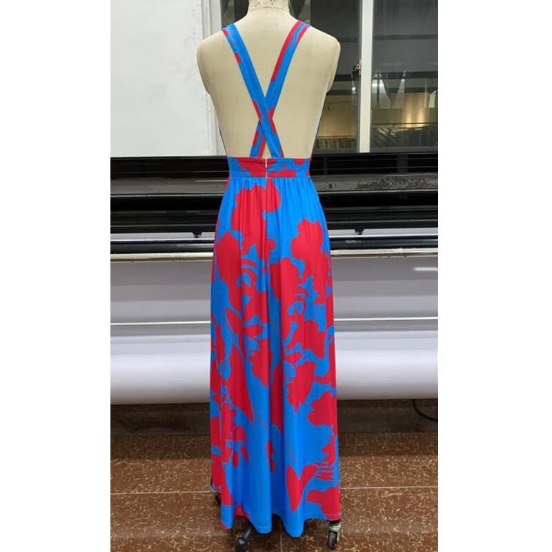 Sweet Summertime Red And Blue Floral Printed Bohemian V-Neck Sleeveless Dress