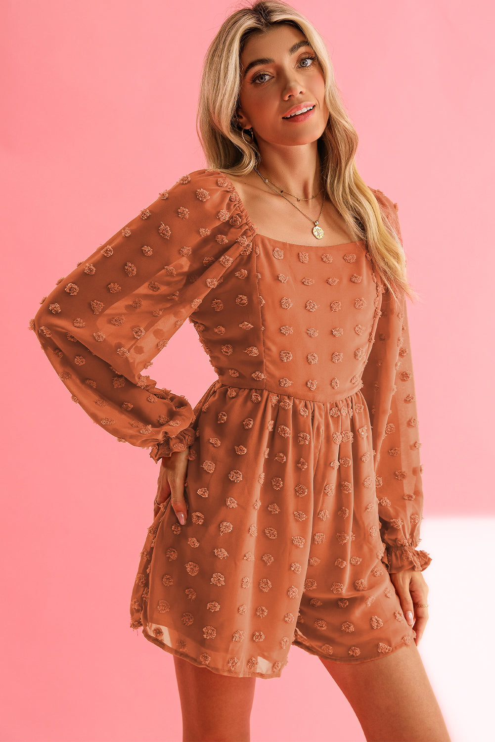 Orange Swiss Dot Square Neck Long Sleeve High Waist Romper