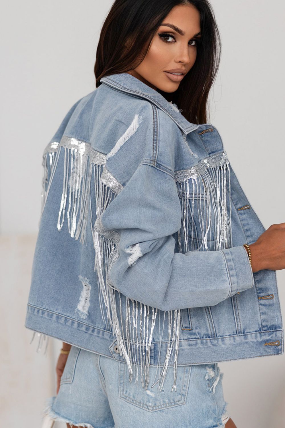 Sequin Fringe Trim Distressed Button Up Denim Jacket