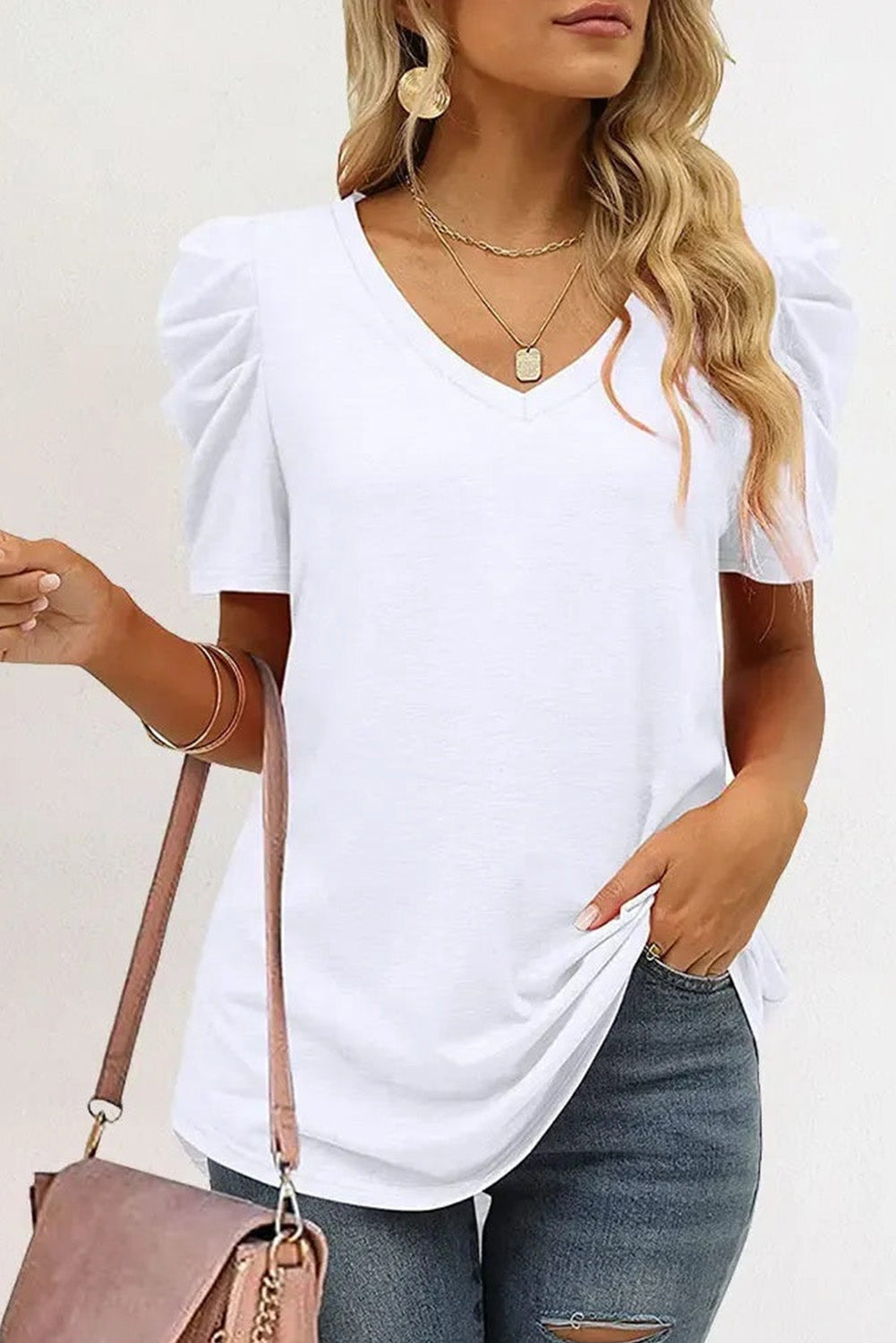 Rose Puff Sleeve V-Neck T-Shirt