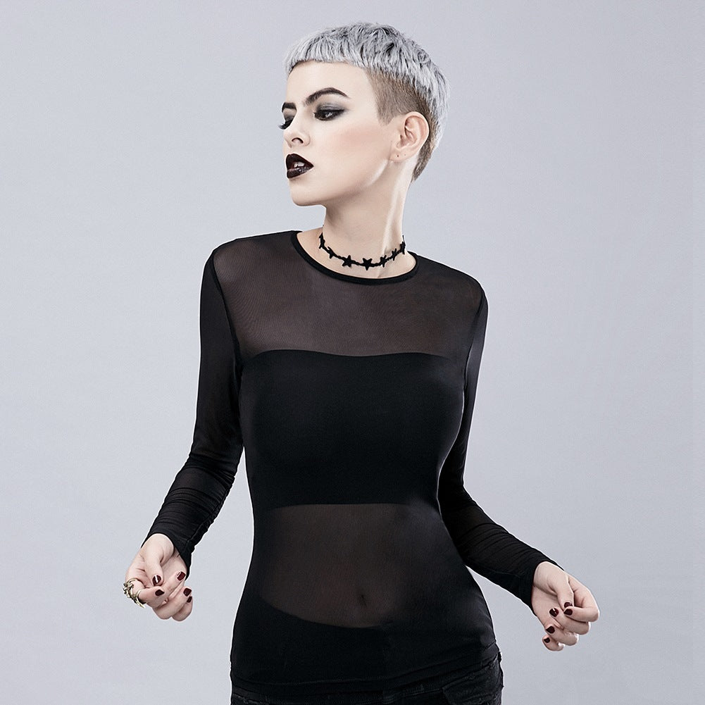 Punk See-through Mesh Hollow-out Breathable Inner Wear Solid Color Long Sleeve T-shirt