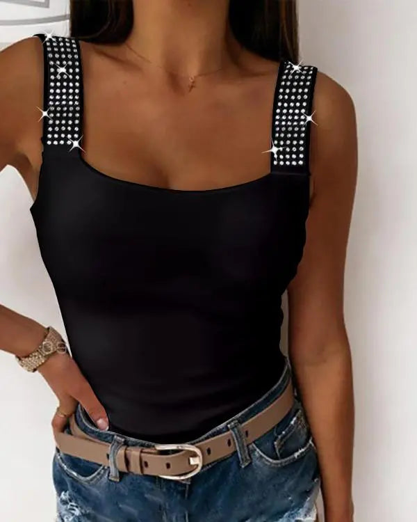 Rhinestone Embellished Thick Strap Tank Top