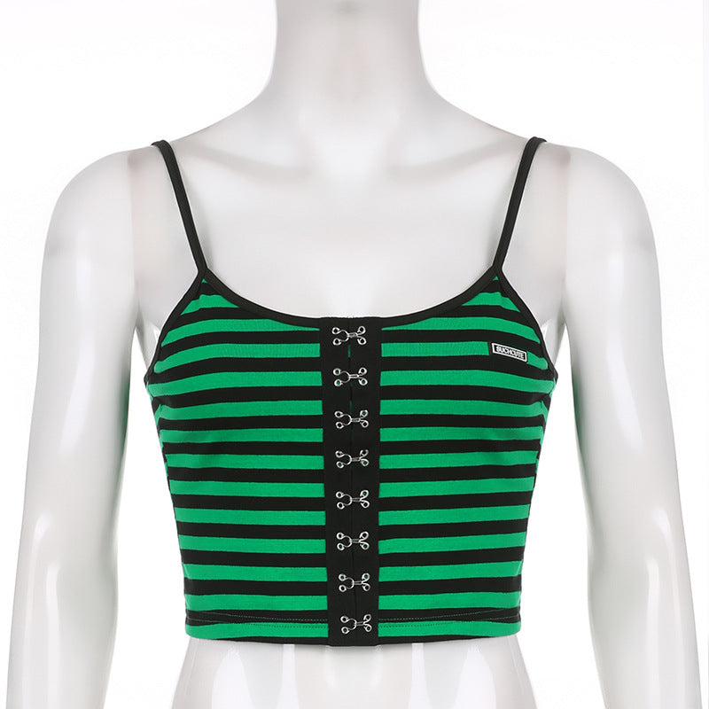 Spice Girl Vibes Retro Striped Spaghetti Strap Crop Tank Top Metal Hook And Zipper Adornments