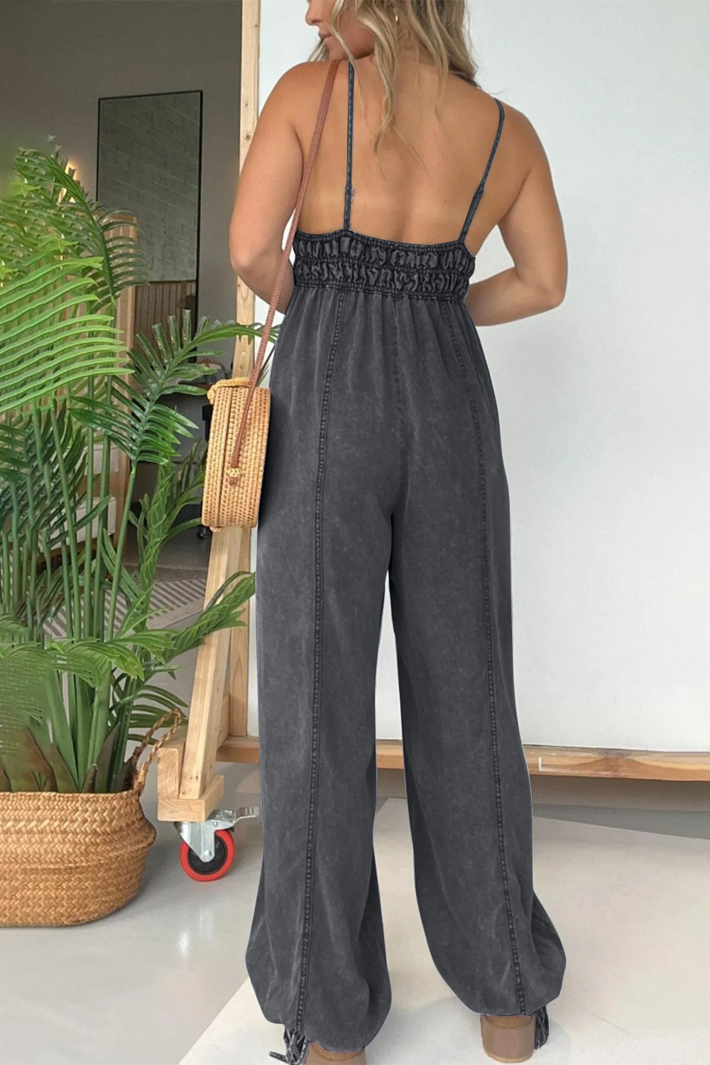 Full Size Spaghetti Strap Denim Look Jumpsuit with Pockets