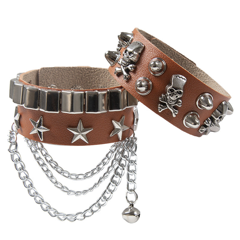 Punk Wide Leather Skull Personality Rivets Pentagram Bracelet