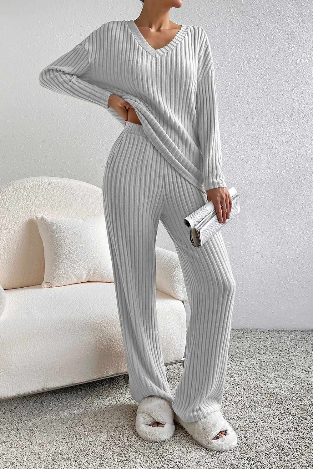 Khaki Ribbed Knit Bell Sleeve Crop Top Drawstring Pants Set