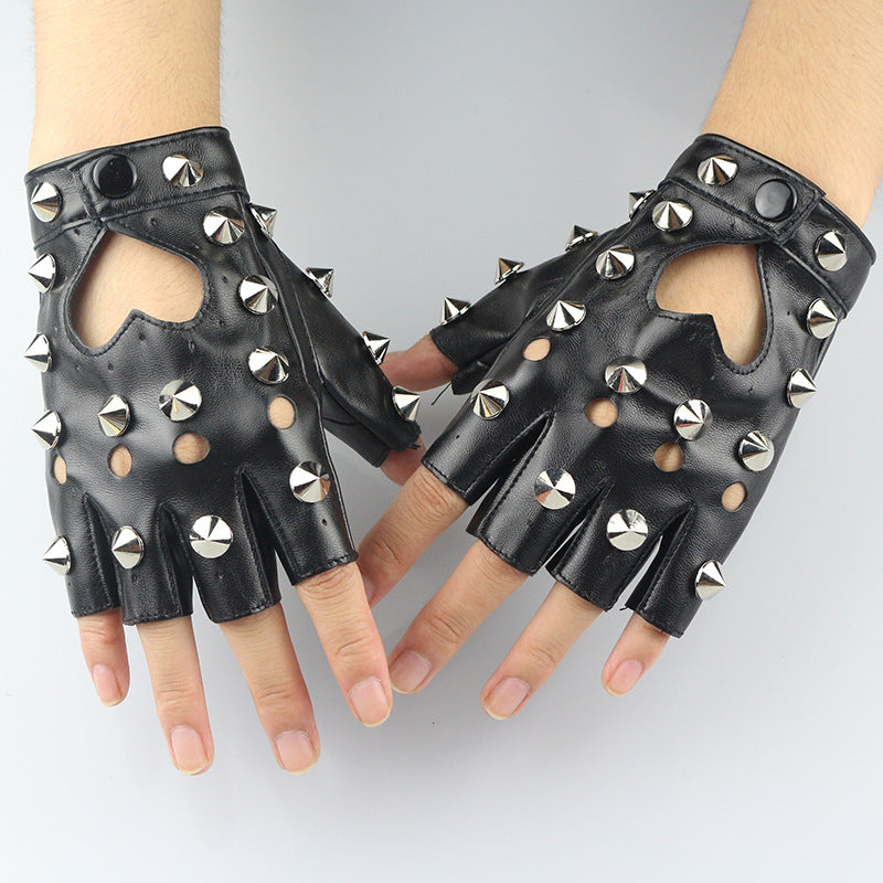 Punk Rock Fingerless Gloves With Heart Cut Out and Metal Detail Cosplay Biker Style Gloves