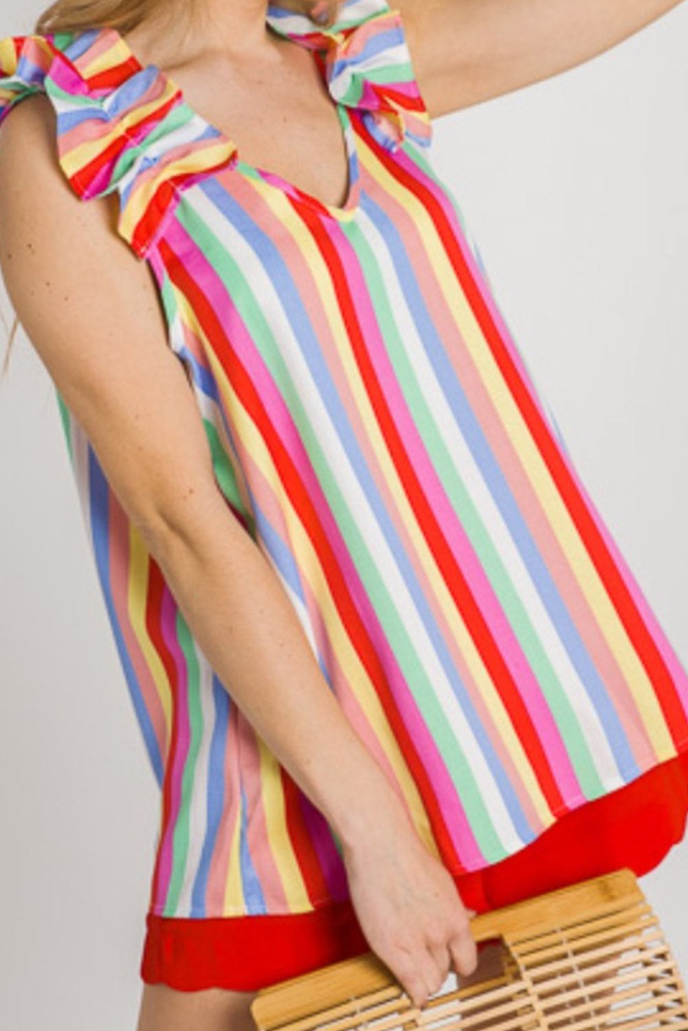 Multicolor Striped V Neck Ruffle Straps Sleeveless Shirt